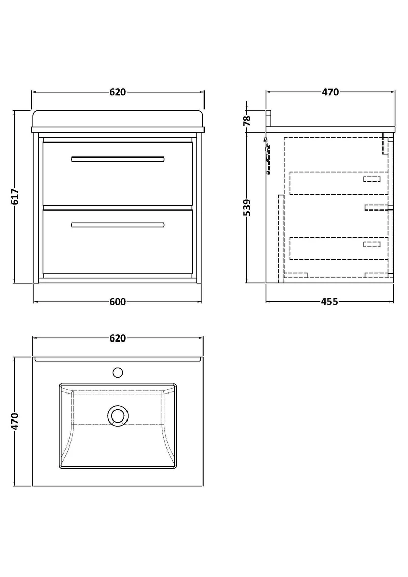 Lille 600mm Wall Hung 2 Drawer Vanity Unit & White Marble Worktop & Ceramic Bowl - Pebble Grey Matt