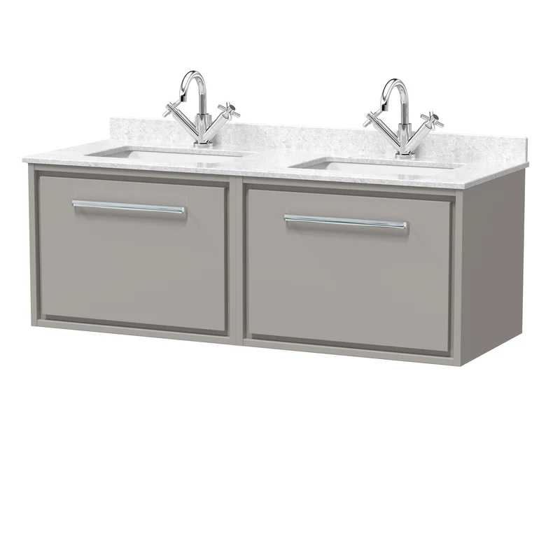 Lille 1200mm Wall Hung 2 Drawer Vanity Unit & White Marble Worktop & 2 Ceramic Bowls - Pebble Grey Matt