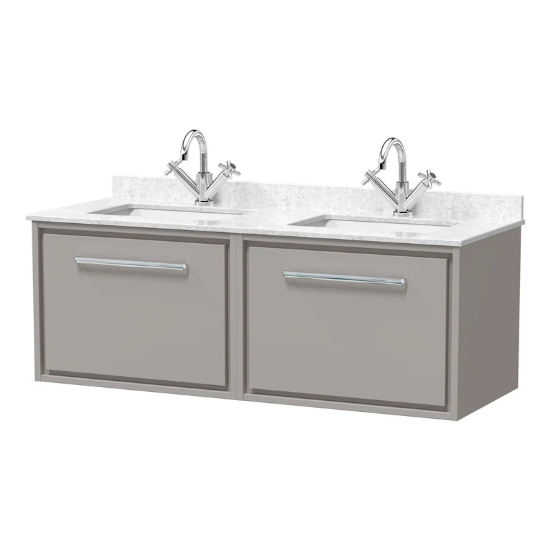 Lille 1200mm Wall Hung 2 Drawer Vanity Unit & White Marble Worktop & 2 Ceramic Bowls - Pebble Grey Matt