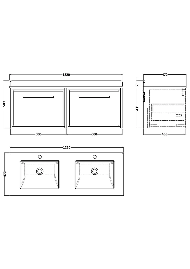 Lille 1200mm Wall Hung 2 Drawer Vanity Unit & White Marble Worktop & 2 Ceramic Bowls - Pebble Grey Matt