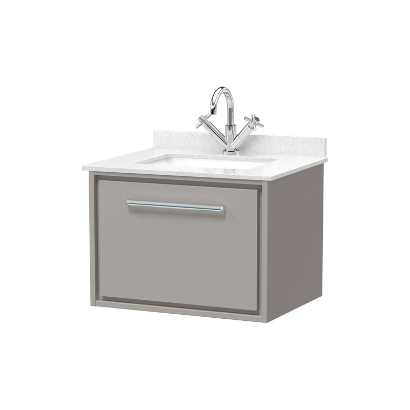 Lille 600mm Wall Hung 1 Drawer Vanity Unit & White Marble Worktop & Ceramic Bowl - Pebble Grey Matt