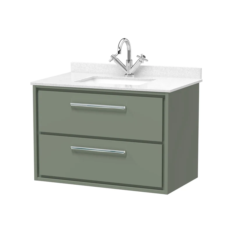 Lille 800mm Wall Hung 2 Drawer Vanity Unit & White Marble Worktop & Ceramic Bowl - Fern Green Matt