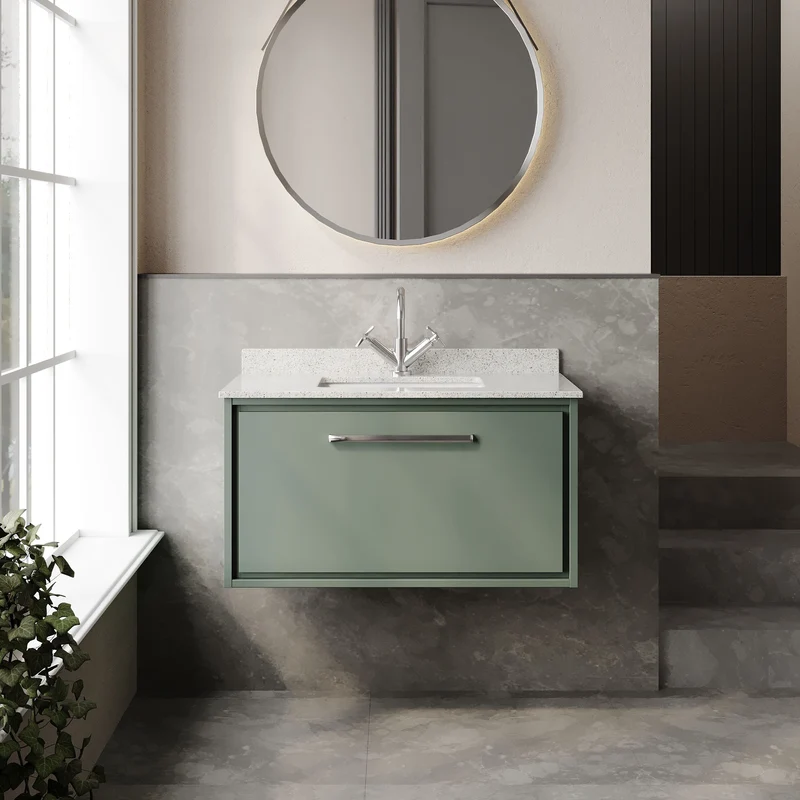Lille 800mm Wall Hung 1 Drawer Vanity Unit & White Marble Worktop & Ceramic Bowl - Fern Green Matt