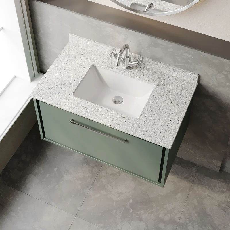 Lille 800mm Wall Hung 1 Drawer Vanity Unit & White Marble Worktop & Ceramic Bowl - Fern Green Matt