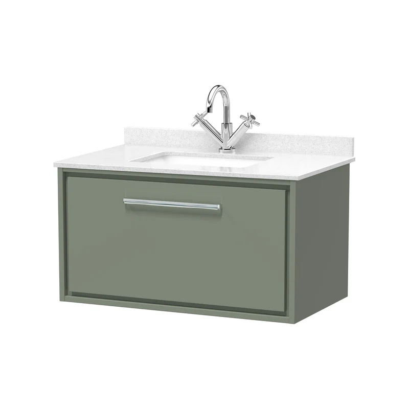 Lille 800mm Wall Hung 1 Drawer Vanity Unit & White Marble Worktop & Ceramic Bowl - Fern Green Matt