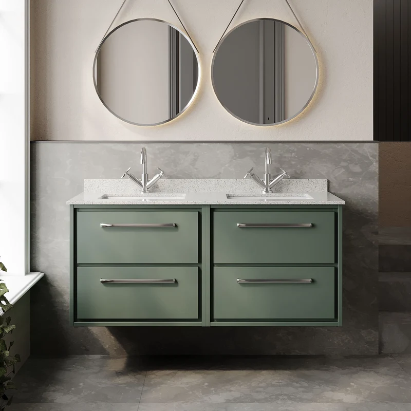 Lille 1200mm Wall Hung 4 Drawer Vanity Unit & White Marble Worktop & 2 Ceramic Bowls - Fern Green Matt