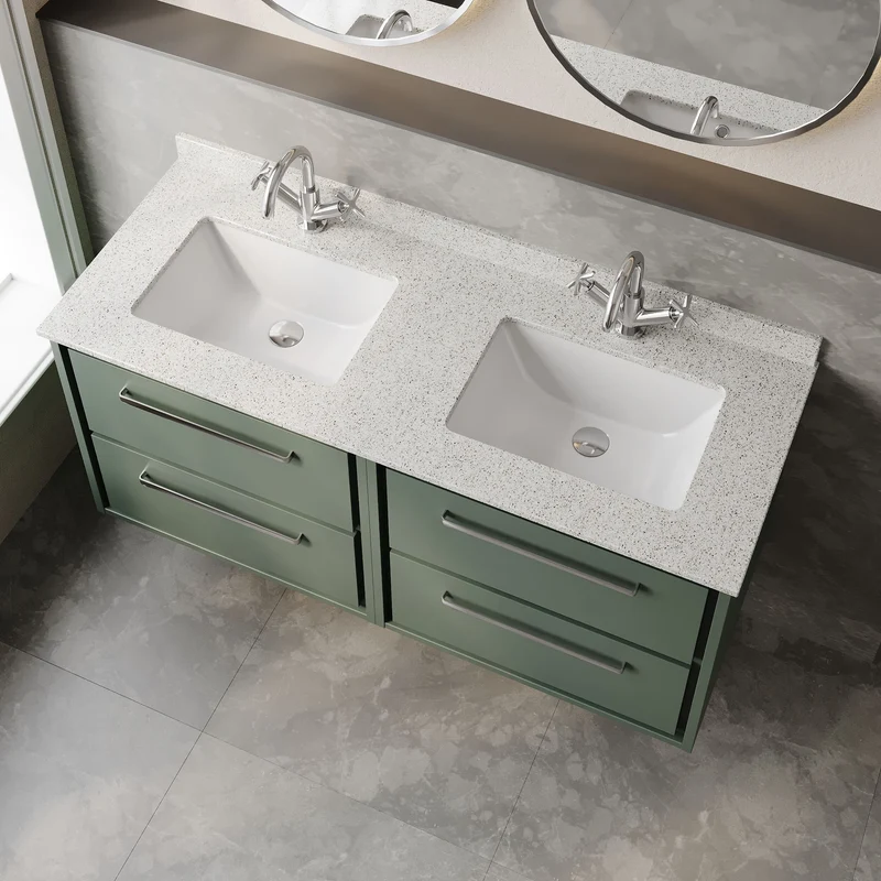 Lille 1200mm Wall Hung 4 Drawer Vanity Unit & White Marble Worktop & 2 Ceramic Bowls - Fern Green Matt