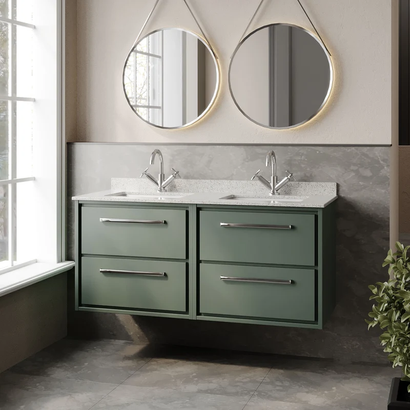 Lille 1200mm Wall Hung 4 Drawer Vanity Unit & White Marble Worktop & 2 Ceramic Bowls - Fern Green Matt