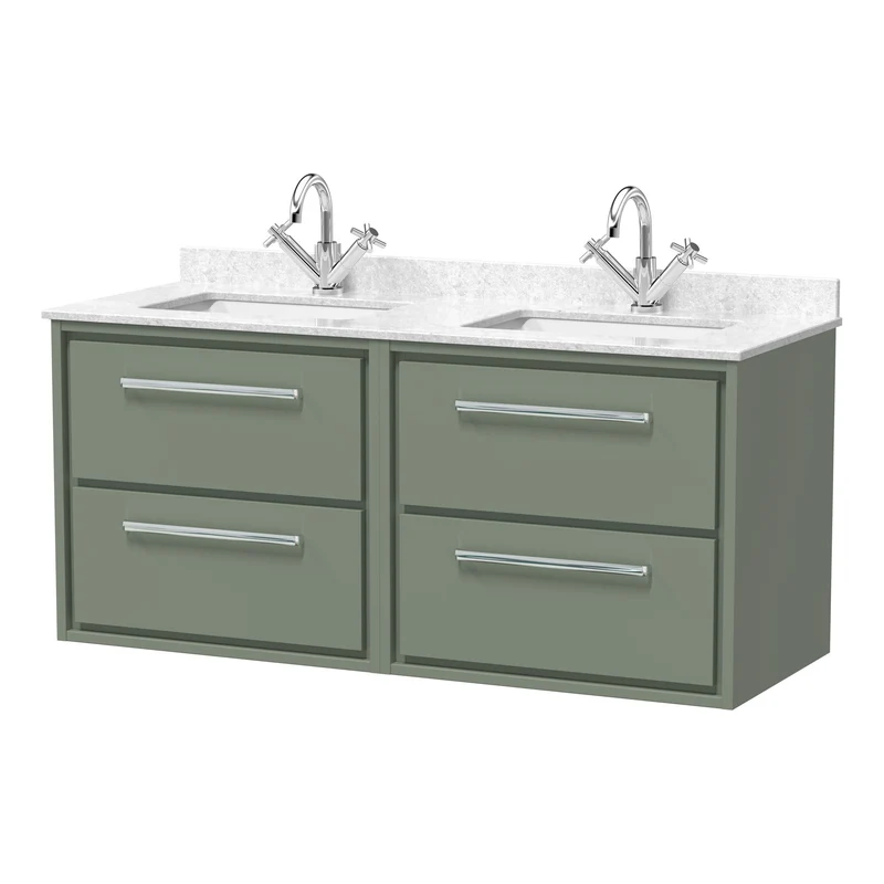 Lille 1200mm Wall Hung 4 Drawer Vanity Unit & White Marble Worktop & 2 Ceramic Bowls - Fern Green Matt