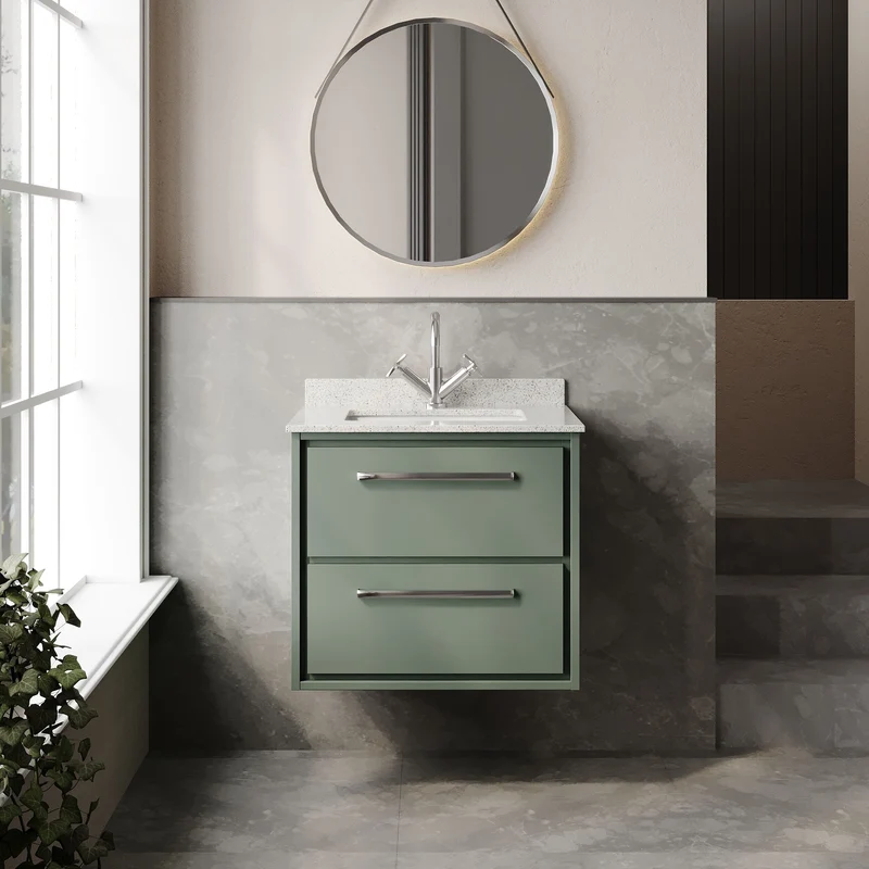 Lille 600mm Wall Hung 2 Drawer Vanity Unit & White Marble Worktop & Ceramic Bowl - Fern Green Matt