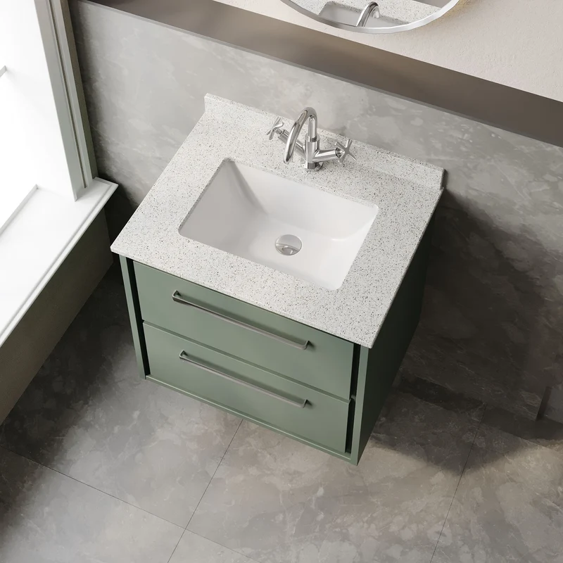 Lille 600mm Wall Hung 2 Drawer Vanity Unit & White Marble Worktop & Ceramic Bowl - Fern Green Matt