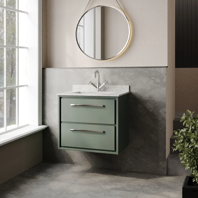 Lille 600mm Wall Hung 2 Drawer Vanity Unit & White Marble Worktop & Ceramic Bowl - Fern Green Matt