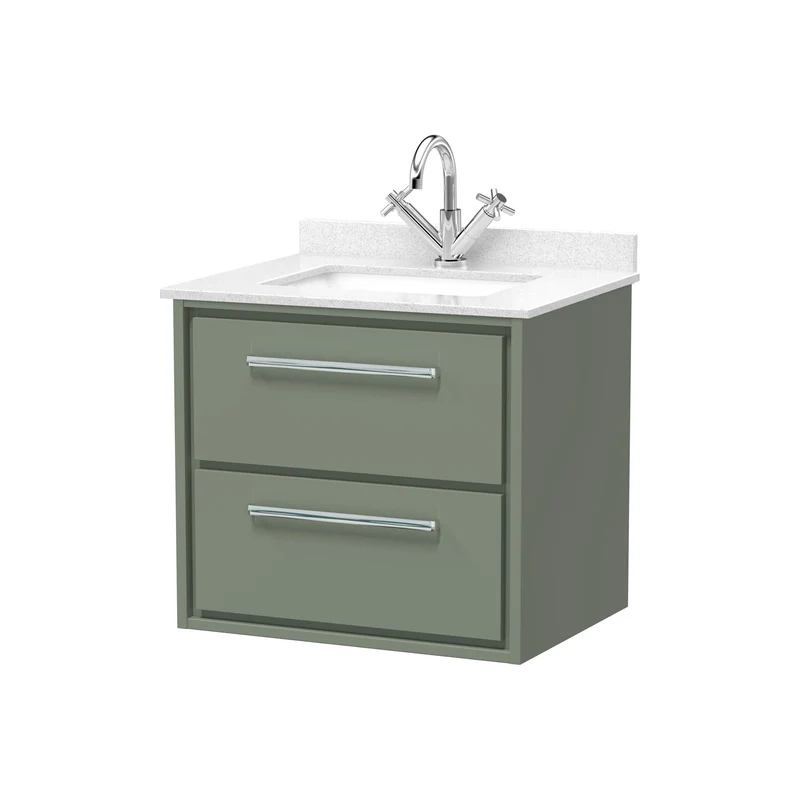 Lille 600mm Wall Hung 2 Drawer Vanity Unit & White Marble Worktop & Ceramic Bowl - Fern Green Matt