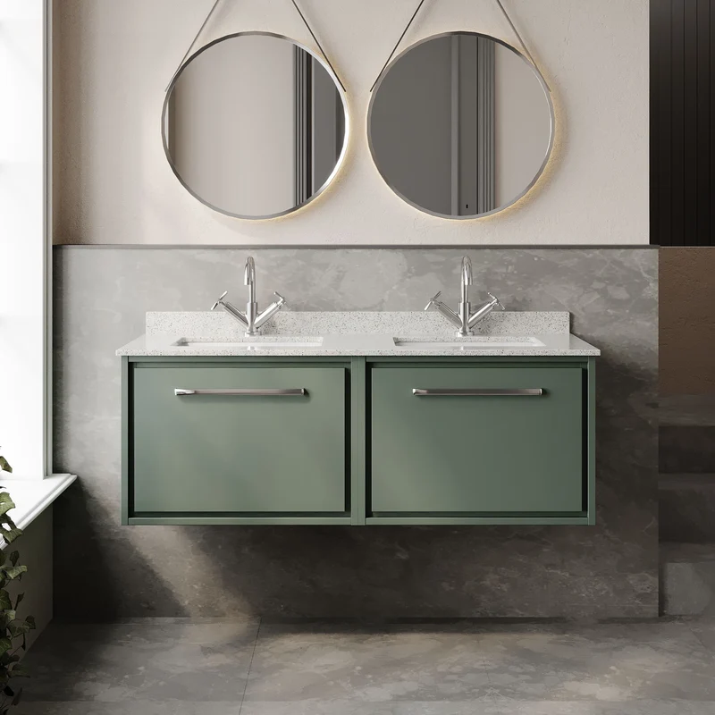 Lille 1200mm Wall Hung 2 Drawer Vanity Unit & White Marble Worktop & 2 Ceramic Bowls - Fern Green Matt