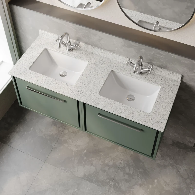 Lille 1200mm Wall Hung 2 Drawer Vanity Unit & White Marble Worktop & 2 Ceramic Bowls - Fern Green Matt