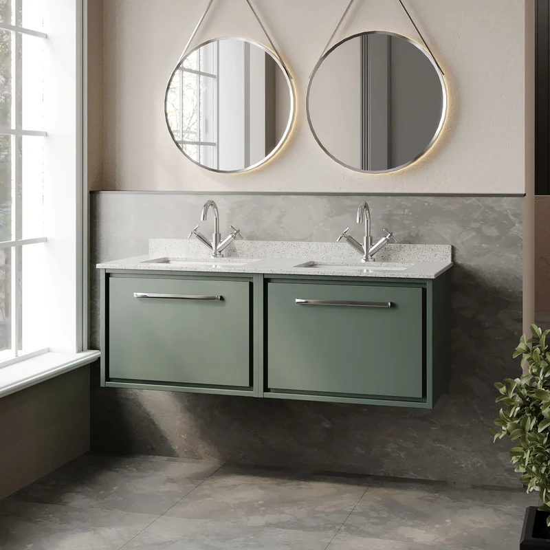 Lille 1200mm Wall Hung 2 Drawer Vanity Unit & White Marble Worktop & 2 Ceramic Bowls - Fern Green Matt