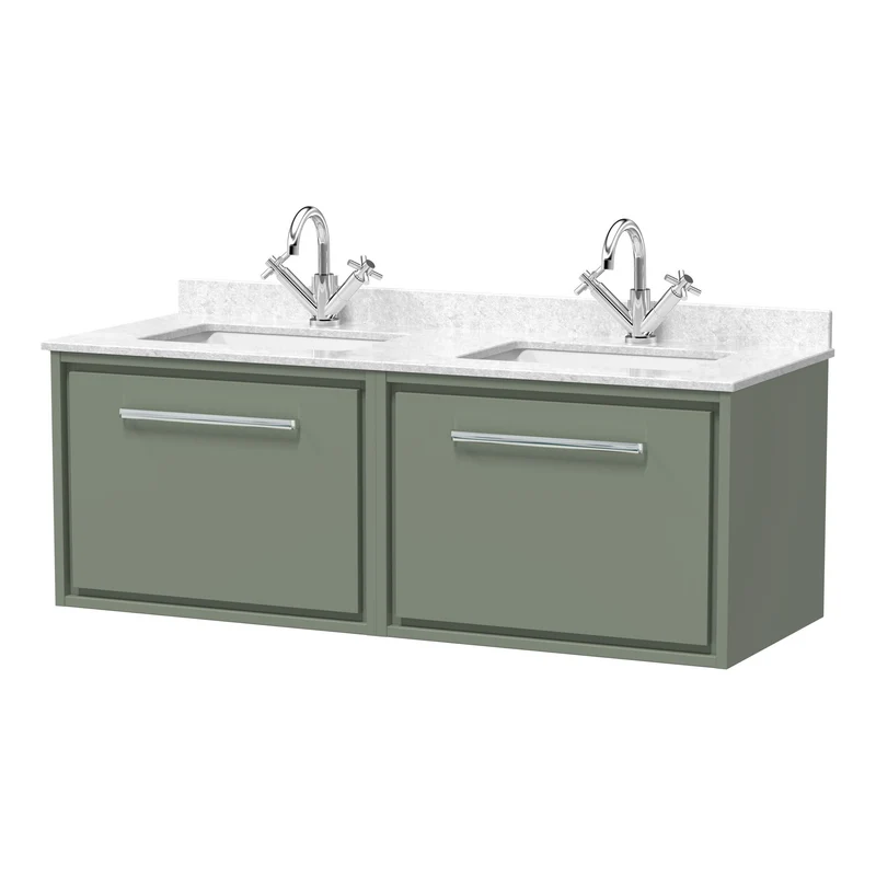 Lille 1200mm Wall Hung 2 Drawer Vanity Unit & White Marble Worktop & 2 Ceramic Bowls - Fern Green Matt