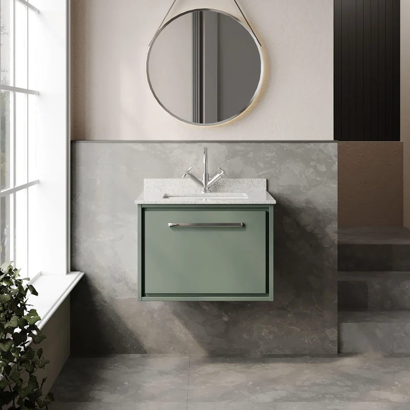 Lille 600mm Wall Hung 1 Drawer Vanity Unit & White Marble Worktop & Ceramic Bowl - Fern Green Matt