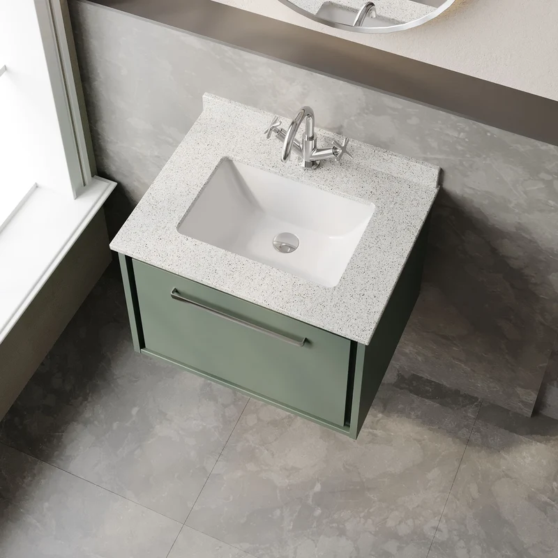 Lille 600mm Wall Hung 1 Drawer Vanity Unit & White Marble Worktop & Ceramic Bowl - Fern Green Matt
