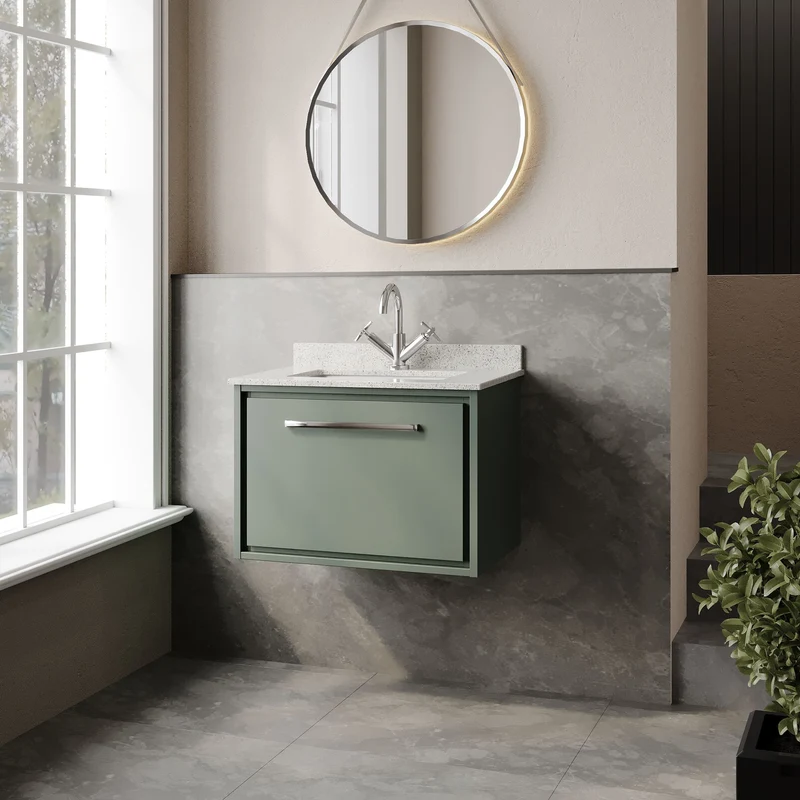 Lille 600mm Wall Hung 1 Drawer Vanity Unit & White Marble Worktop & Ceramic Bowl - Fern Green Matt