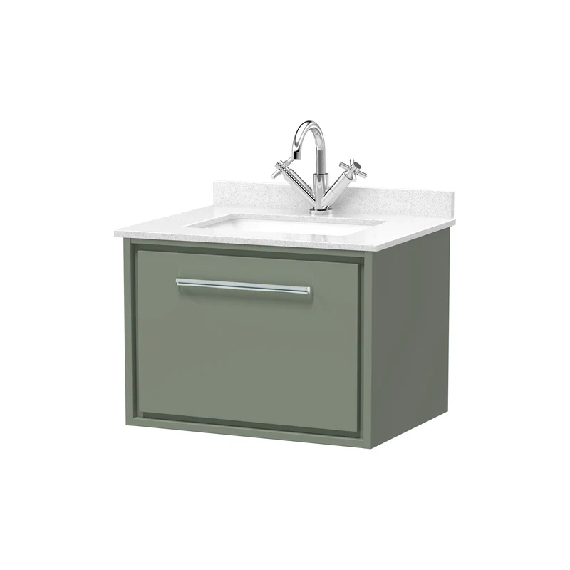 Lille 600mm Wall Hung 1 Drawer Vanity Unit & White Marble Worktop & Ceramic Bowl - Fern Green Matt