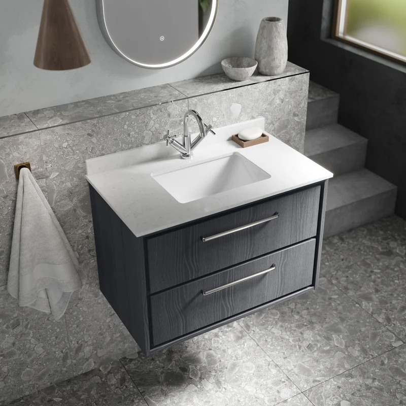 Lille 800mm Wall Hung 2 Drawer Vanity Unit & White Marble Worktop & Ceramic Bowl - Coastal Grey Matt