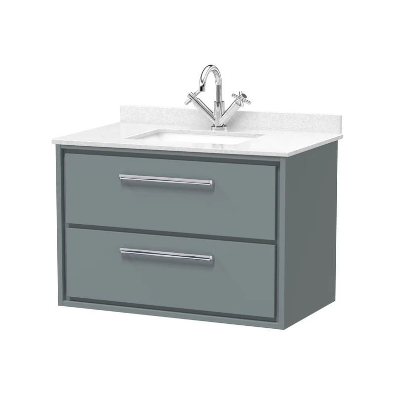 Lille 800mm Wall Hung 2 Drawer Vanity Unit & White Marble Worktop & Ceramic Bowl - Coastal Grey Matt