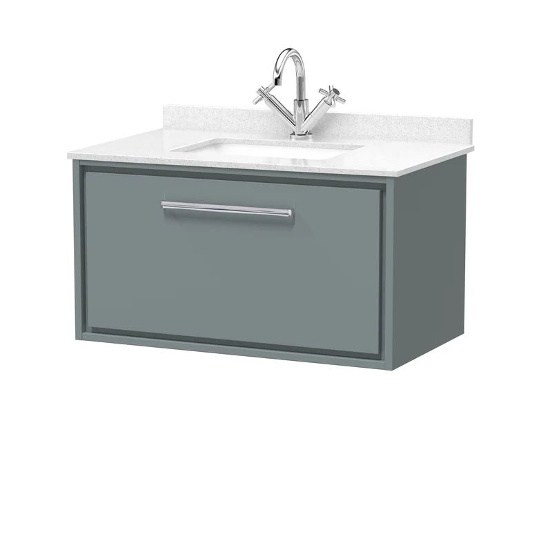 Lille 800mm Wall Hung 1 Drawer Vanity Unit & White Marble Worktop & Ceramic Bowl - Coastal Grey Matt