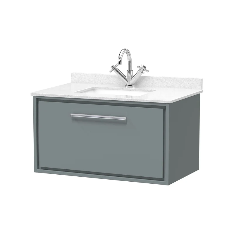 Lille 800mm Wall Hung 1 Drawer Vanity Unit & White Marble Worktop & Ceramic Bowl - Coastal Grey Matt