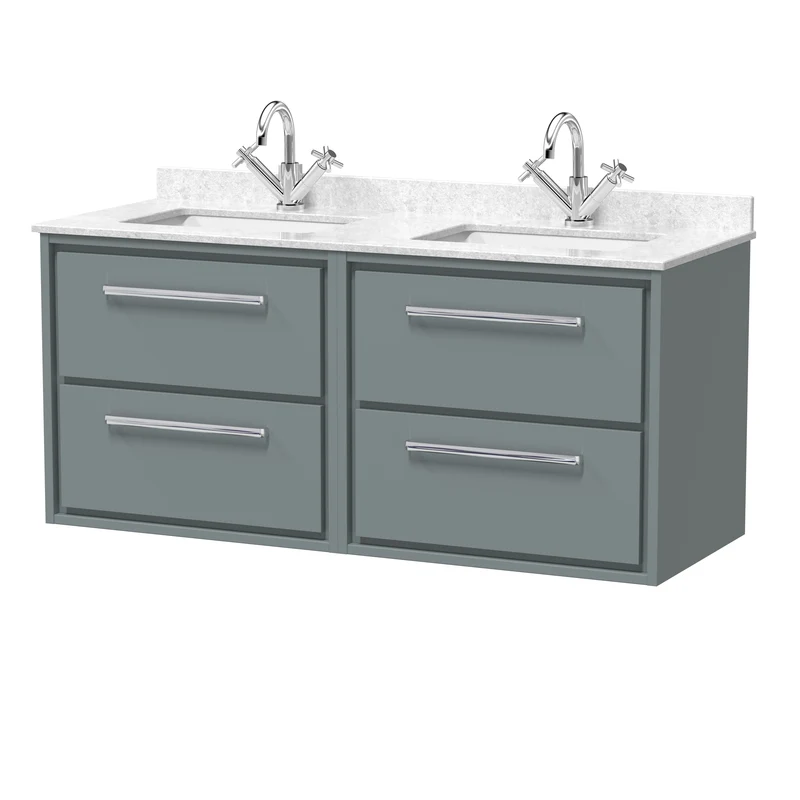 Lille 1200mm Wall Hung 4 Drawer Vanity Unit & White Marble Worktop & 2 Ceramic Bowls - Coastal Grey Matt