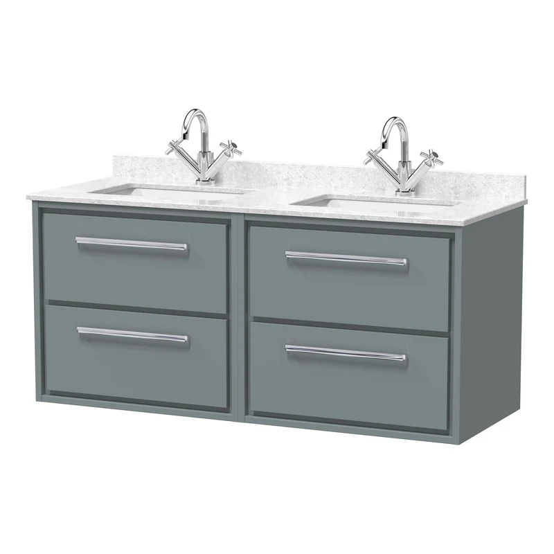 Lille 1200mm Wall Hung 4 Drawer Vanity Unit & White Marble Worktop & 2 Ceramic Bowls - Coastal Grey Matt
