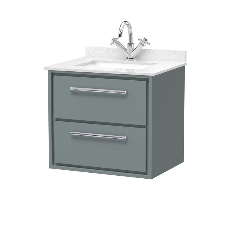 Lille 600mm Wall Hung 2 Drawer Vanity Unit & White Marble Worktop & Ceramic Bowl - Coastal Grey Matt