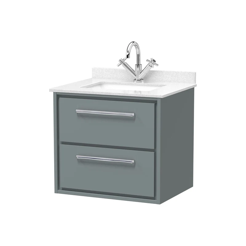Lille 600mm Wall Hung 2 Drawer Vanity Unit & White Marble Worktop & Ceramic Bowl - Coastal Grey Matt