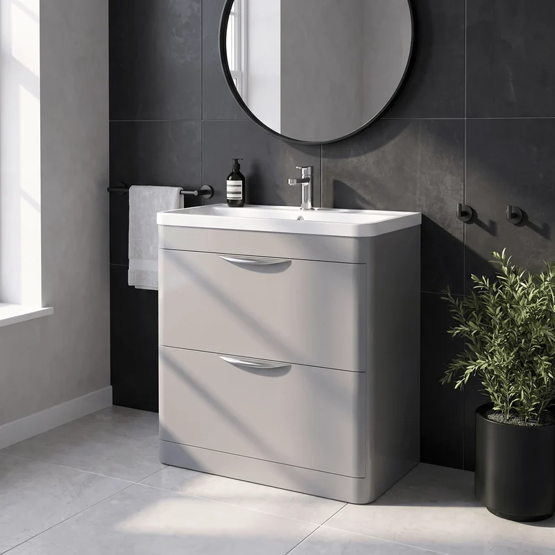 Parade 800mm 2 Drawer Floor Standing Vanity Unit With Polymarble Basin - Grey Satin