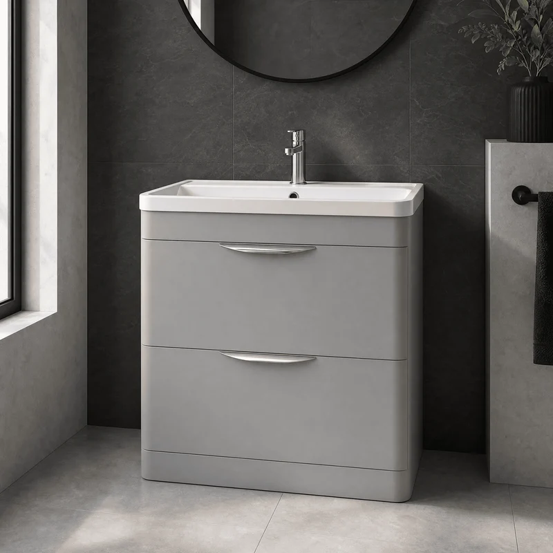 Parade 800mm 2 Drawer Floor Standing Vanity Unit With Polymarble Basin - Grey Satin