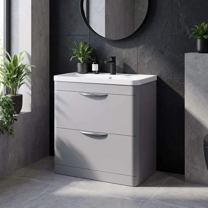 Parade 800mm 2 Drawer Floor Standing Vanity Unit With Polymarble Basin - Grey Satin