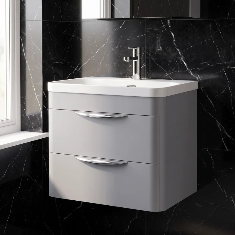 Parade 600mm 2 Drawer Wall Hung Vanity Unit With Thin Edge Basin - Grey Satin