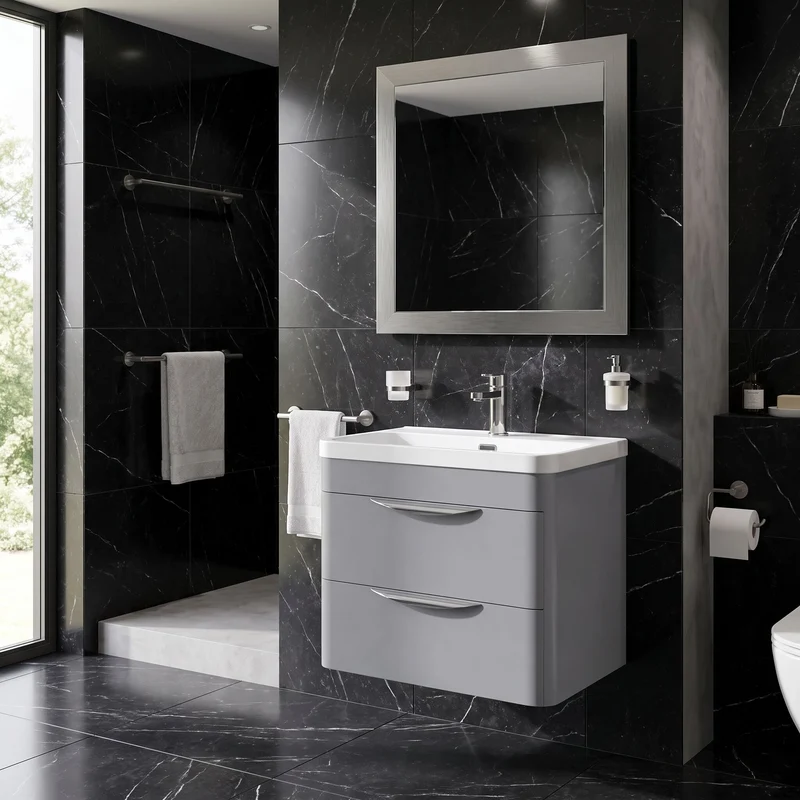 Parade 600mm 2 Drawer Wall Hung Vanity Unit With Thin Edge Basin - Grey Satin