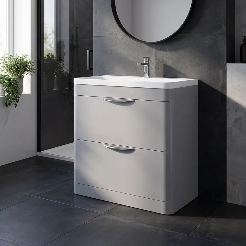 Parade 800mm 2 Drawer Floor Standing Vanity Unit With Thin Edge Basin - Grey Satin