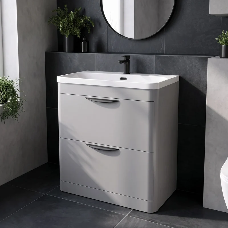 Parade 800mm 2 Drawer Floor Standing Vanity Unit With Thin Edge Basin - Grey Satin