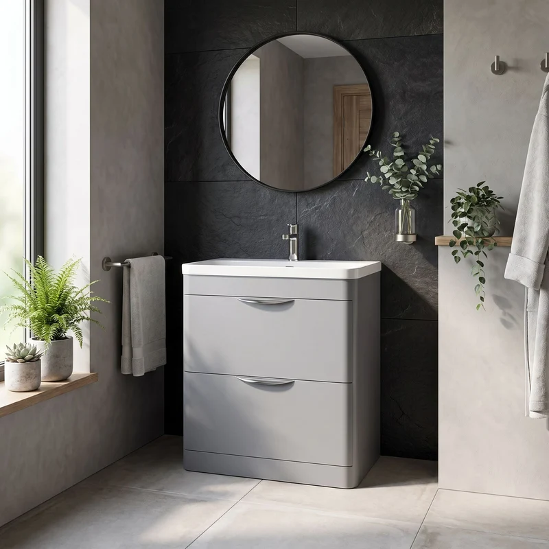 Parade 800mm 2 Drawer Floor Standing Vanity Unit With Thin Edge Basin - Grey Satin