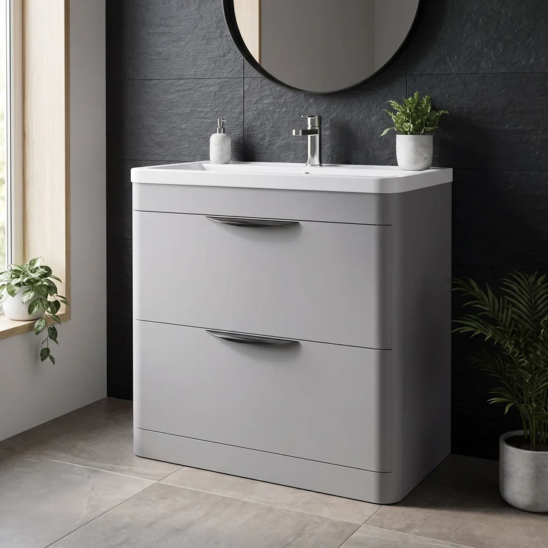 Parade 800mm 2 Drawer Floor Standing Vanity Unit With Ceramic Basin - Grey Satin