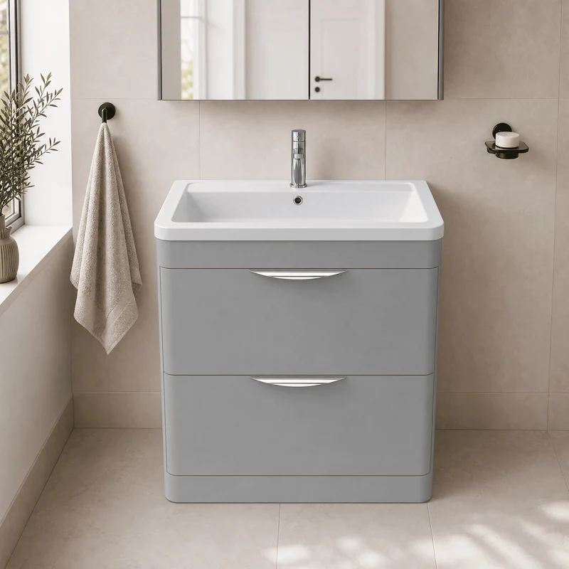 Parade 800mm 2 Drawer Floor Standing Vanity Unit With Ceramic Basin - Grey Satin