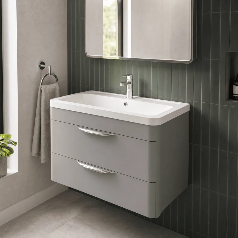 Parade 800mm 2 Drawer Wall Hung Vanity Unit With Ceramic Basin - Grey Satin