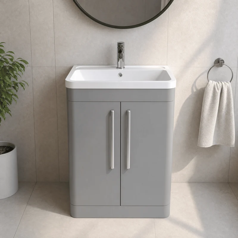 Parade 600mm 2 Door Floor Standing Vanity Unit With Polymarble Basin - Grey Satin