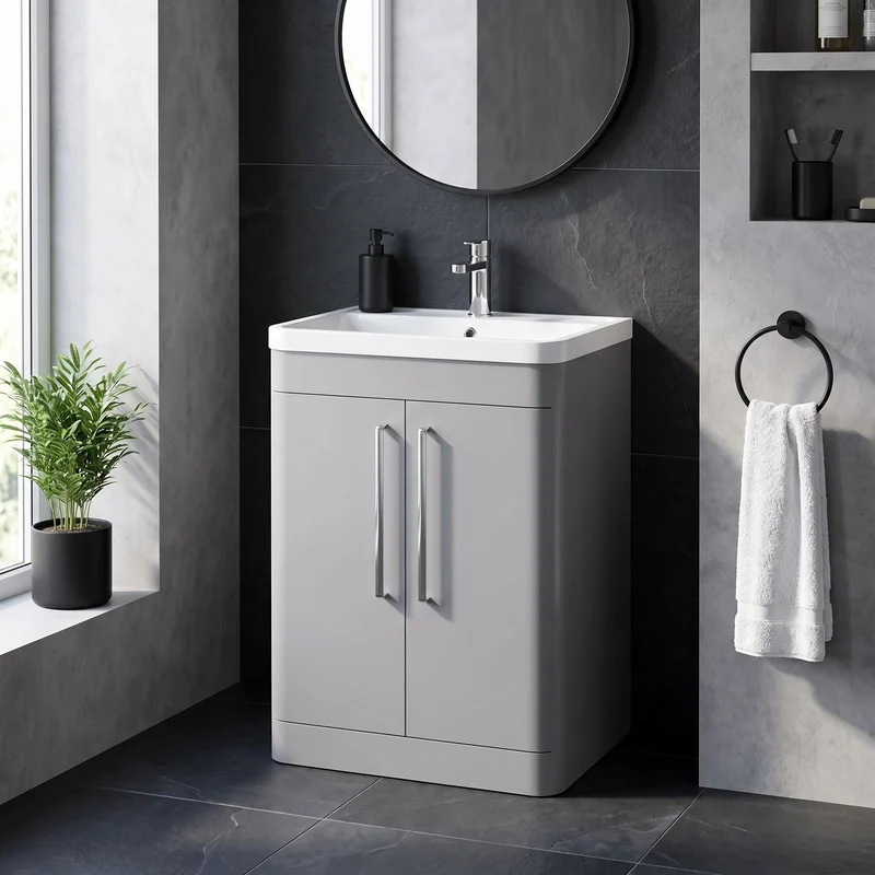 Parade 600mm 2 Door Floor Standing Vanity Unit With Polymarble Basin - Grey Satin