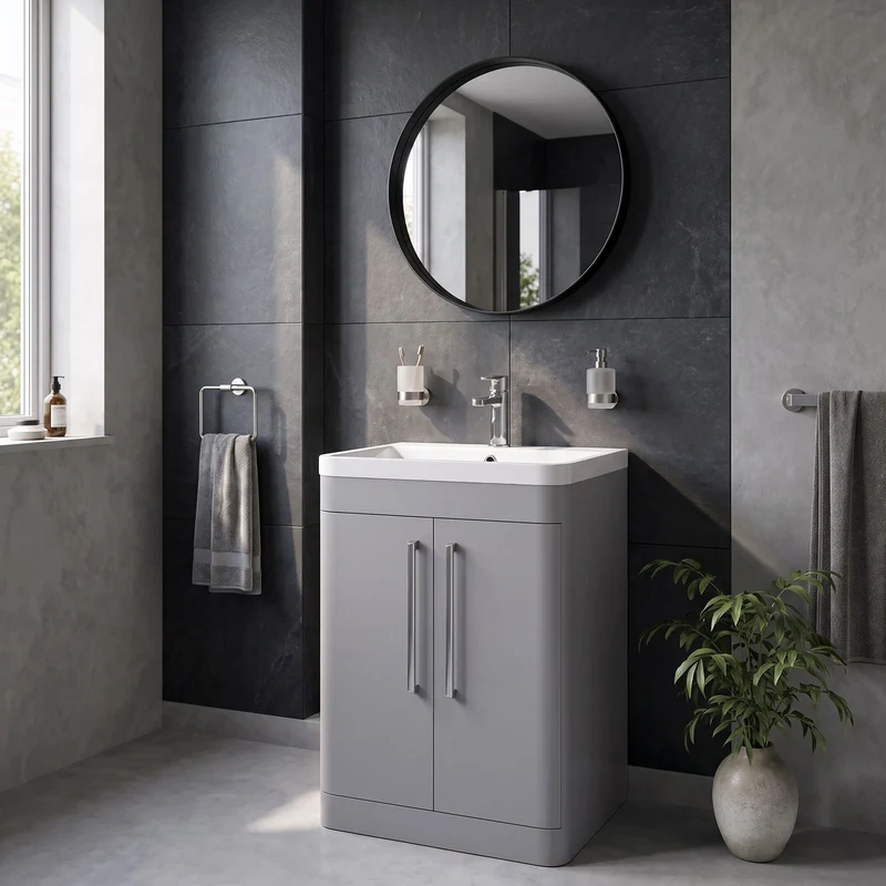 Parade 600mm 2 Door Floor Standing Vanity Unit With Polymarble Basin - Grey Satin