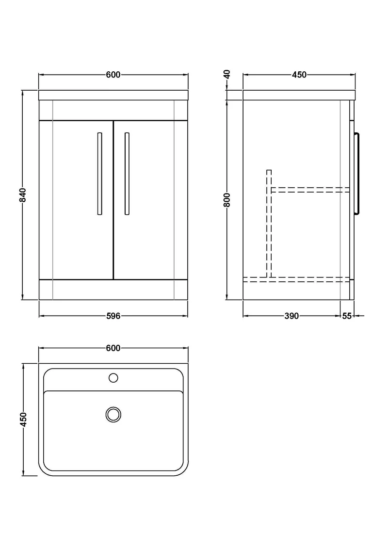 Parade 600mm 2 Door Floor Standing Vanity Unit With Polymarble Basin - Grey Satin