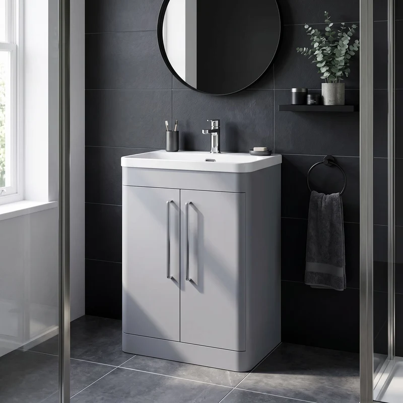 Parade 600mm 2 Door Floor Standing Vanity Unit With Thin Edge Basin - Grey Satin