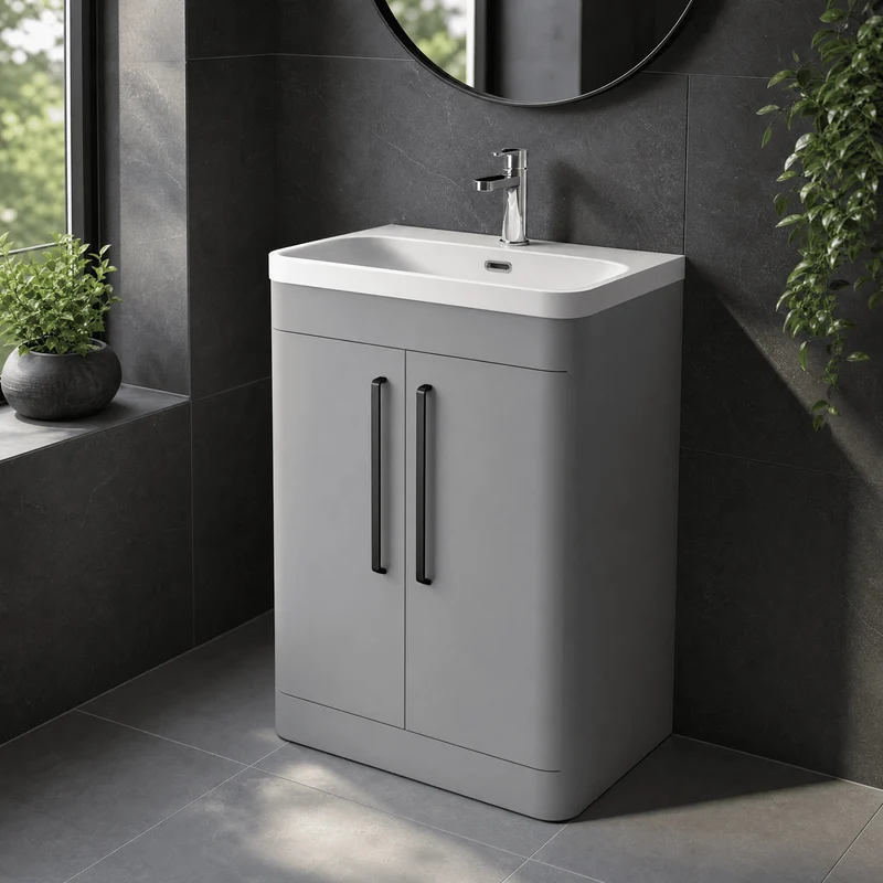 Parade 600mm 2 Door Floor Standing Vanity Unit With Thin Edge Basin - Grey Satin